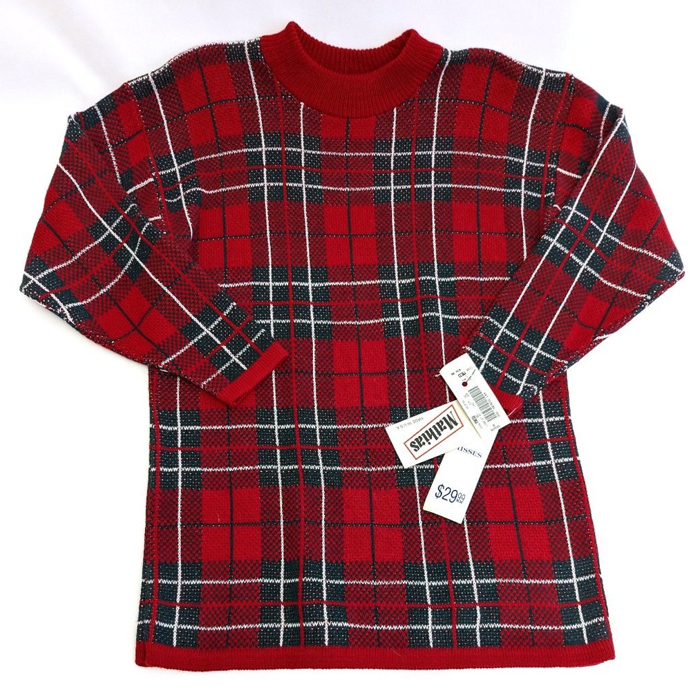 Vintage Sears Mathias Red Green Christmas Holiday Plaid Sweater NOS Size Medium